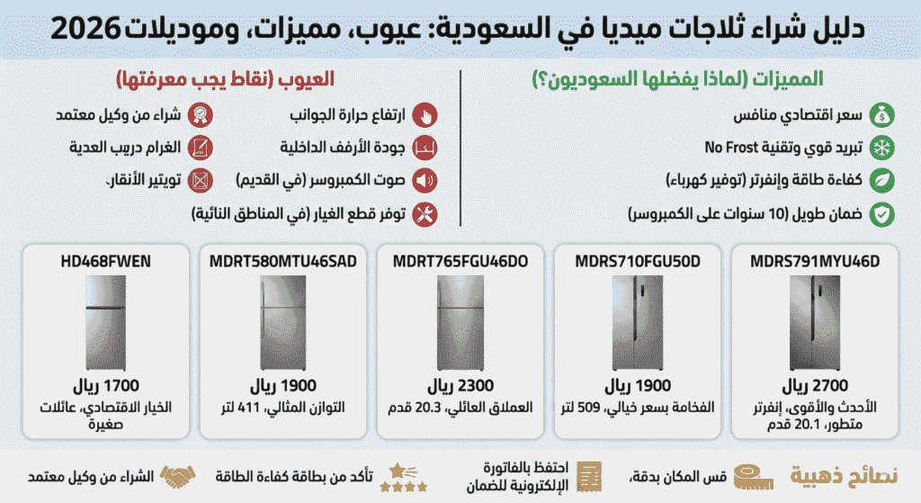 عيوب ثلاجات ميديا ومميزاتها في السعودية
