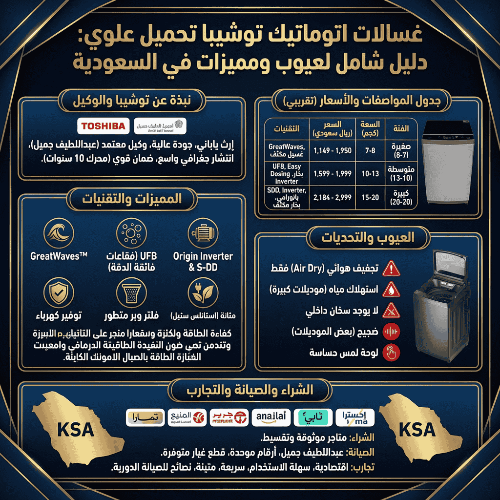 عيوب ومميزات غسالات اتوماتيك توشيبا تحميل علوي في السعودية